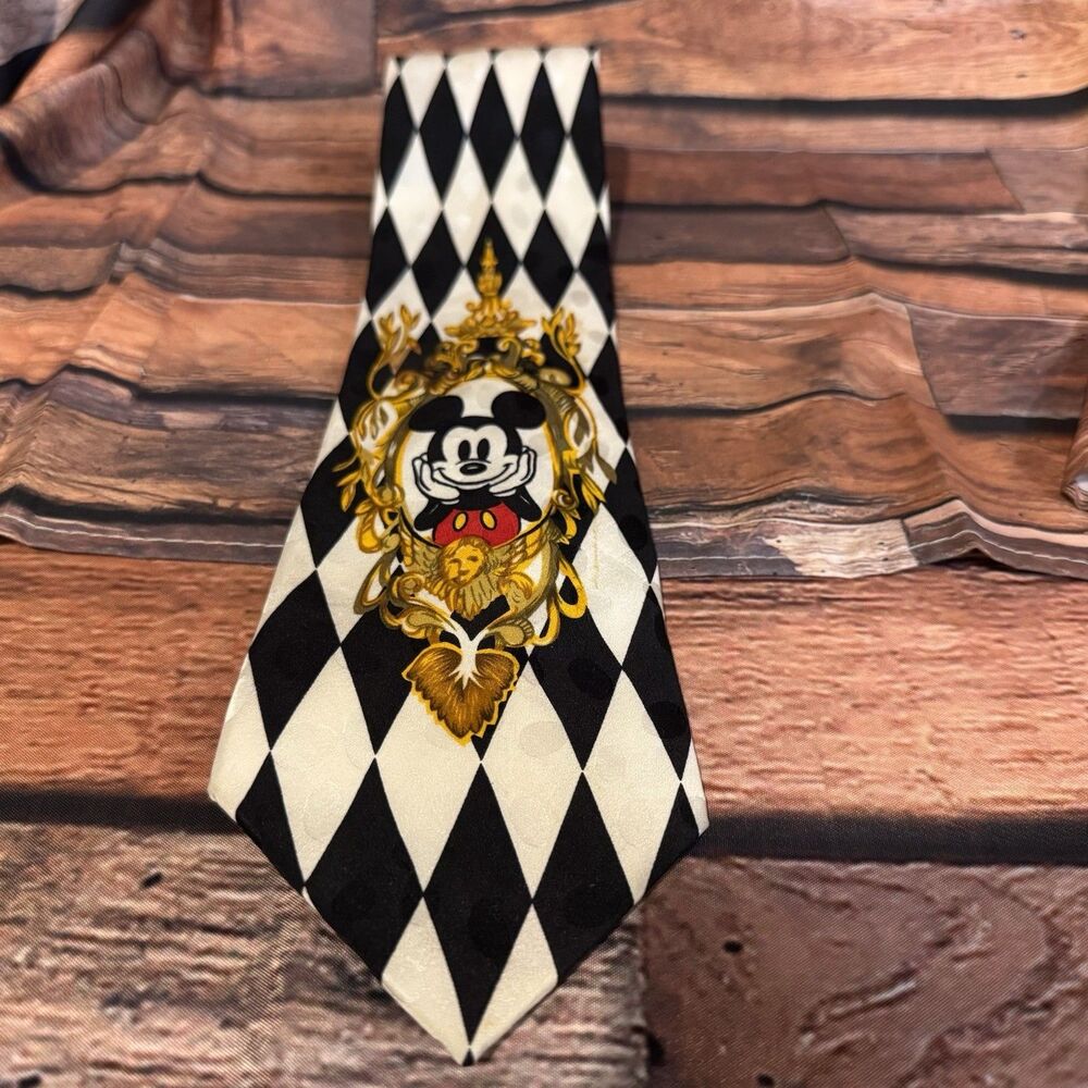 Vintage 90s Disney Mickey Mouse Diamond Silk Tie Harlequin Pattern Black White